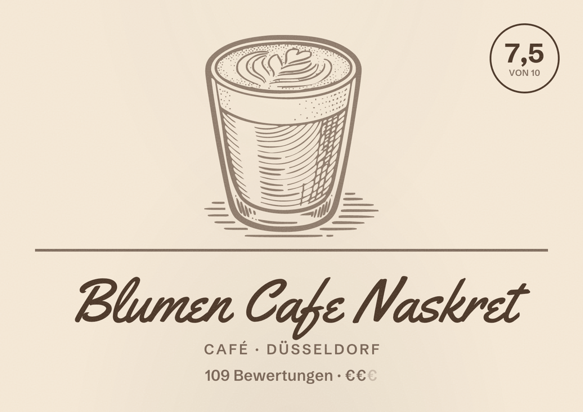Illustriertes Poster von Blumen Cafe Naskret, Café in Düsseldorf: Bewertung 7,5 von 10 aus 109 Bewertungen, Preisniveau €€