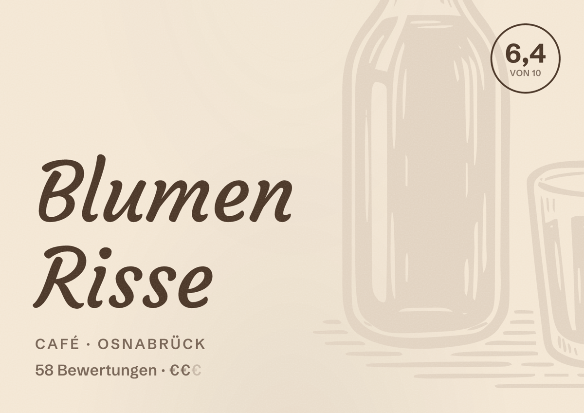 Illustriertes Poster von Blumen Risse, Café in Osnabrück: Bewertung 6,4 von 10 aus 58 Bewertungen, Preisniveau €€