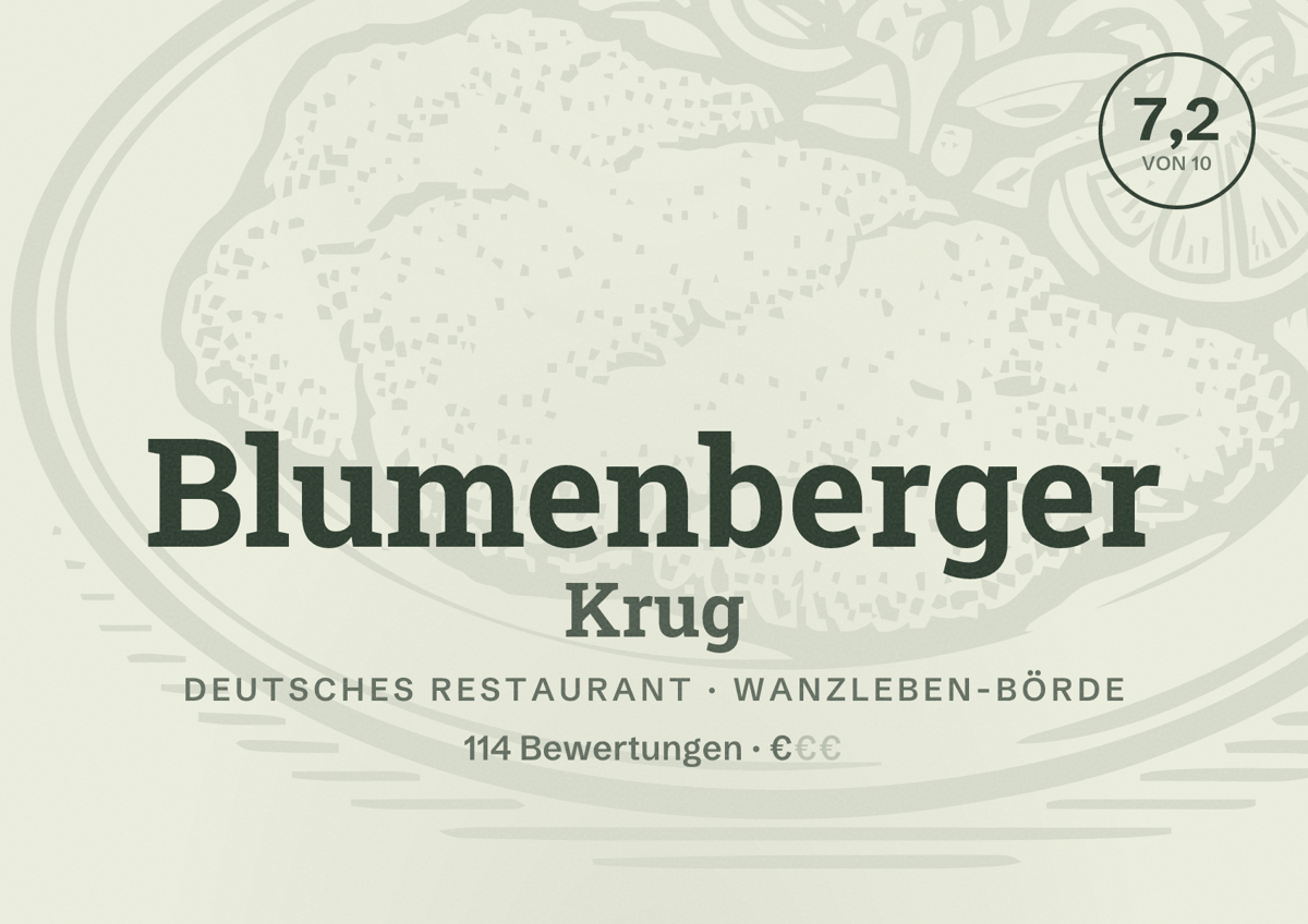 Illustriertes Poster von Blumenberger Krug, Deutsches Restaurant in Wanzleben-Börde: Bewertung 7,2 von 10 aus 114 Bewertungen, Preisniveau €