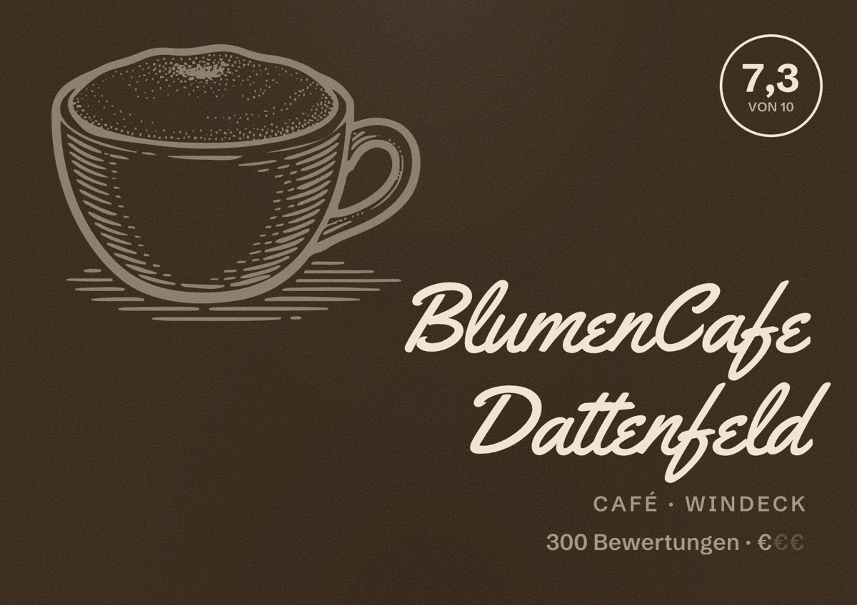 Illustriertes Poster von BlumenCafe Dattenfeld, Café in Windeck: Bewertung 7,3 von 10 aus 300 Bewertungen, Preisniveau €