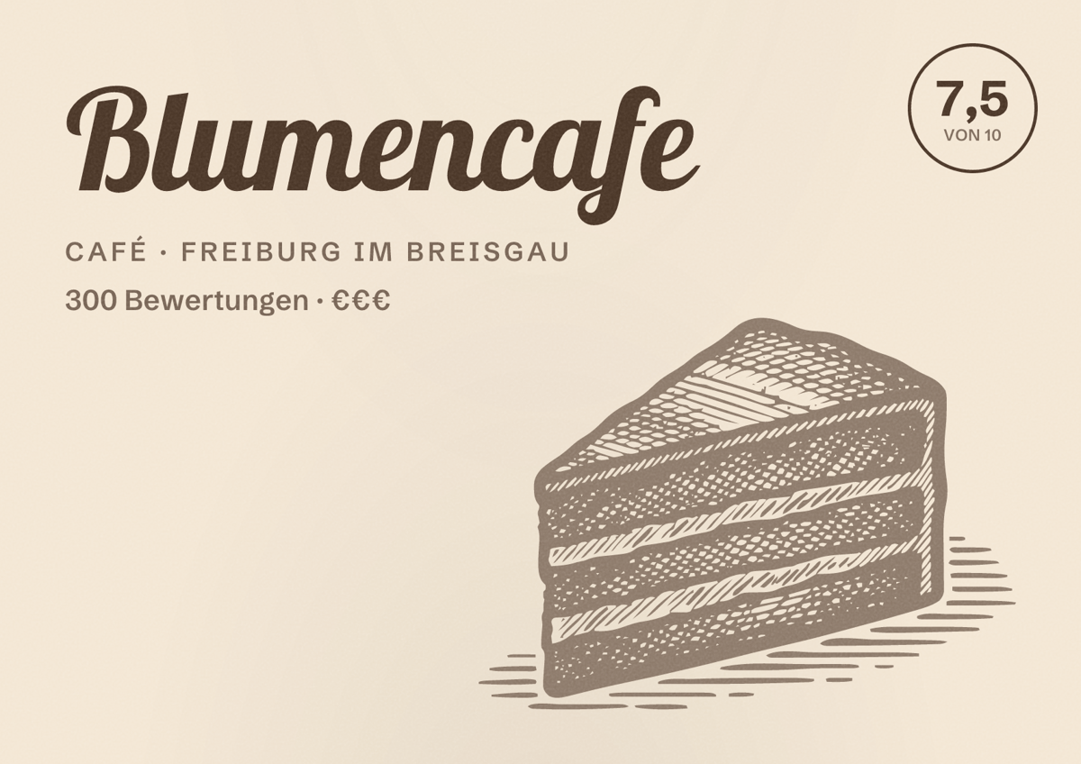 Illustriertes Poster von Blumencafe, Café in Freiburg im Breisgau: Bewertung 7,5 von 10 aus 300 Bewertungen, Preisniveau €€€
