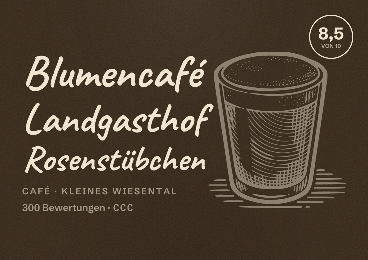Illustriertes Poster von Blumencafé Landgasthof Rosenstübchen, Café in Kleines Wiesental: Bewertung 8,5 von 10 aus 300 Bewertungen, Preisniveau €€€