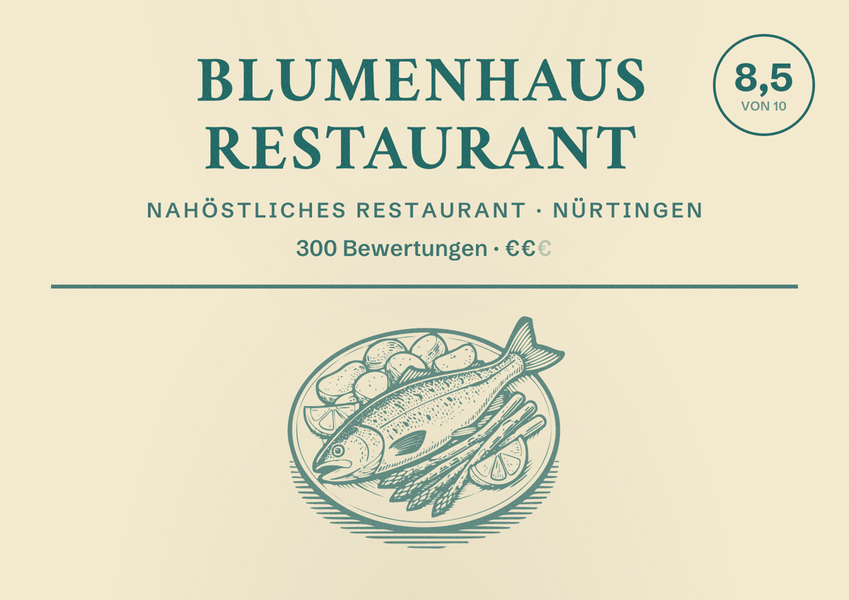 Illustriertes Poster von Blumenhaus Restaurant, Nahöstliches Restaurant in Nürtingen: Bewertung 8,5 von 10 aus 300 Bewertungen, Preisniveau €€