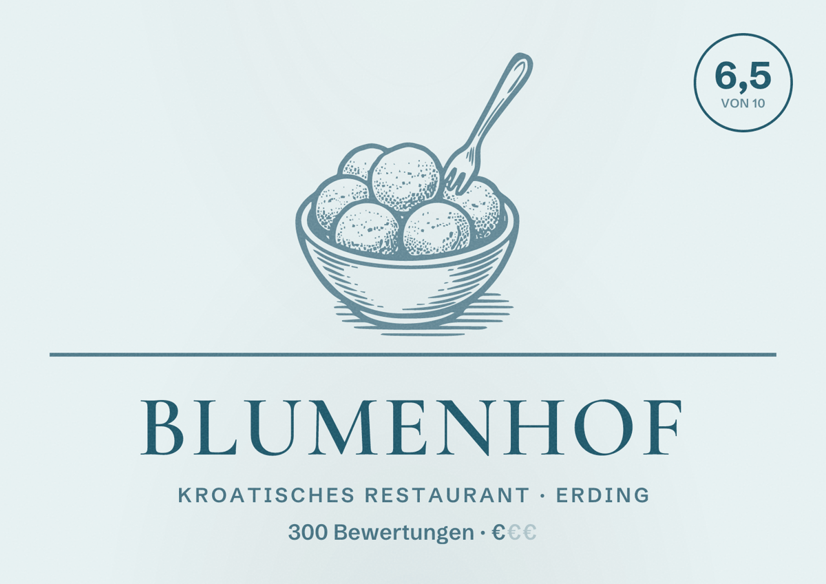Illustriertes Poster von Blumenhof, Kroatisches Restaurant in Erding: Bewertung 6,5 von 10 aus 300 Bewertungen, Preisniveau €