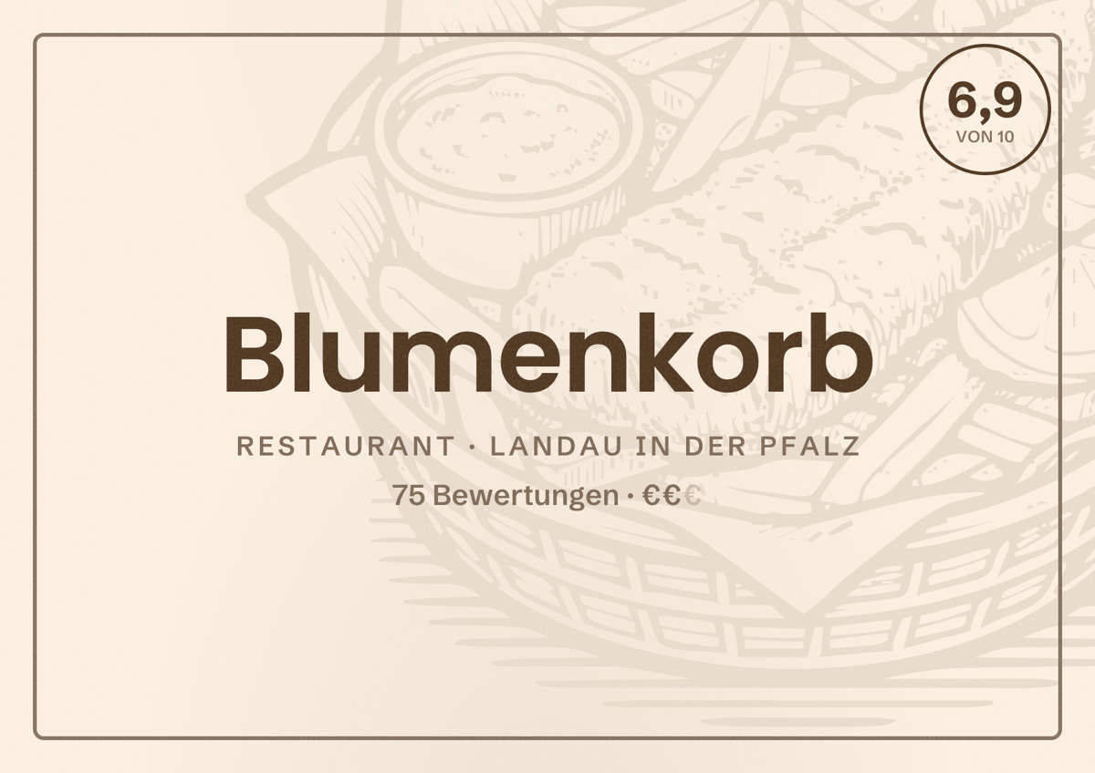 Illustriertes Poster von Blumenkorb, Restaurant in Landau in der Pfalz: Bewertung 6,9 von 10 aus 75 Bewertungen, Preisniveau €€
