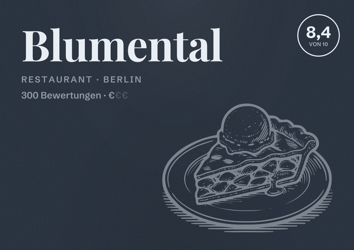 Illustriertes Poster von Blumental, Restaurant in Berlin: Bewertung 8,4 von 10 aus 300 Bewertungen, Preisniveau €