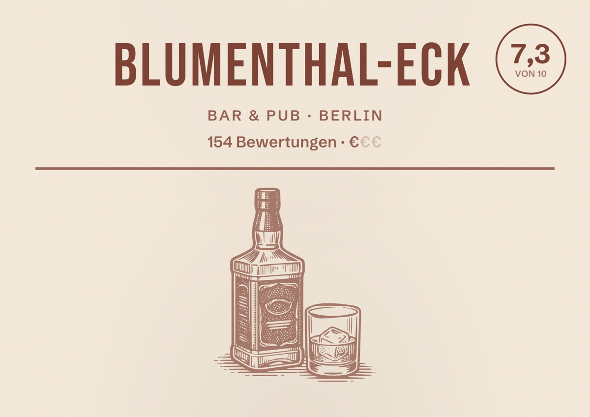 Illustriertes Poster von Blumenthal-Eck, Bar & Pub in Berlin: Bewertung 7,3 von 10 aus 154 Bewertungen, Preisniveau €