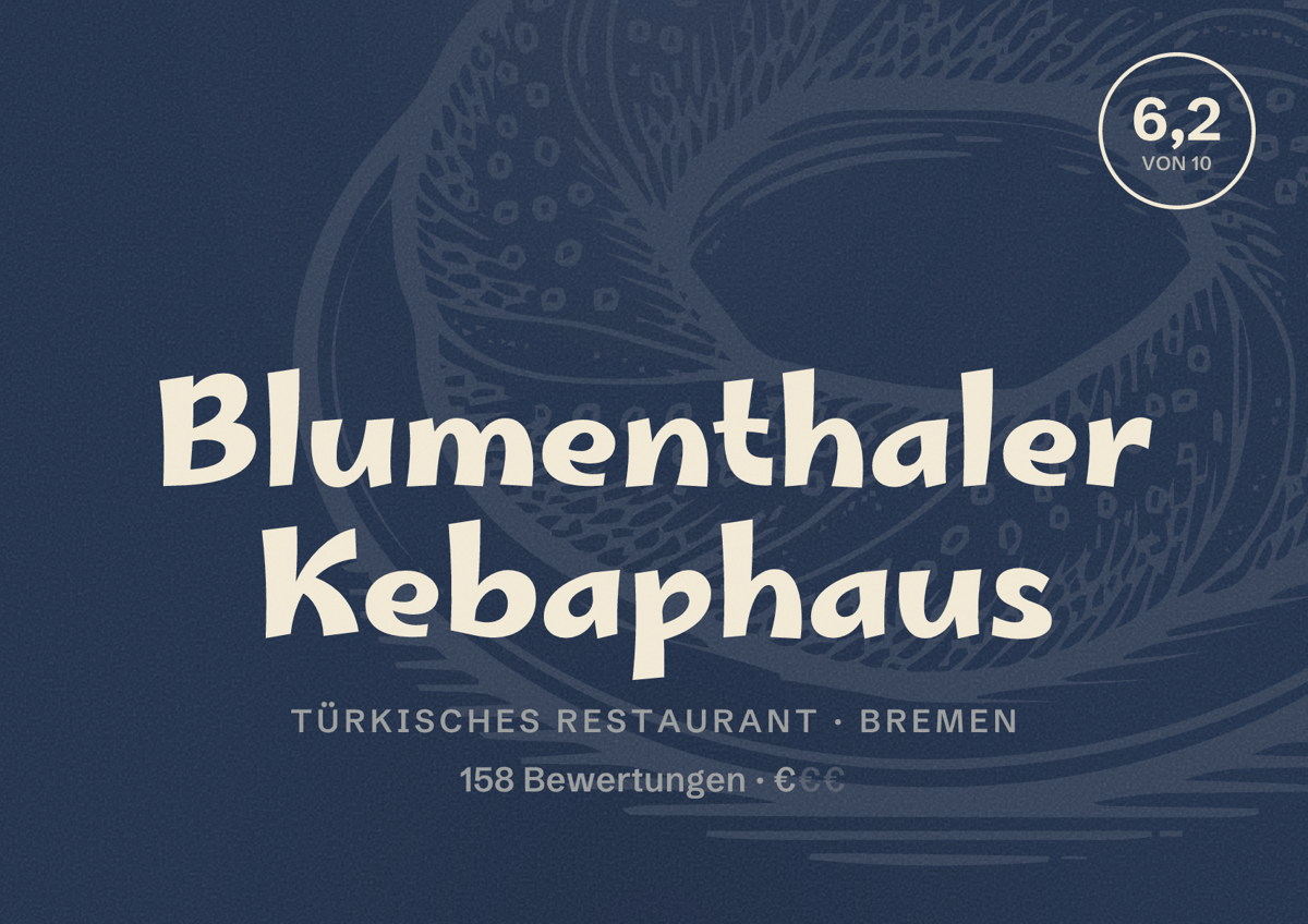 Illustriertes Poster von Blumenthaler Kebaphaus, Türkisches Restaurant in Bremen: Bewertung 6,2 von 10 aus 158 Bewertungen, Preisniveau €
