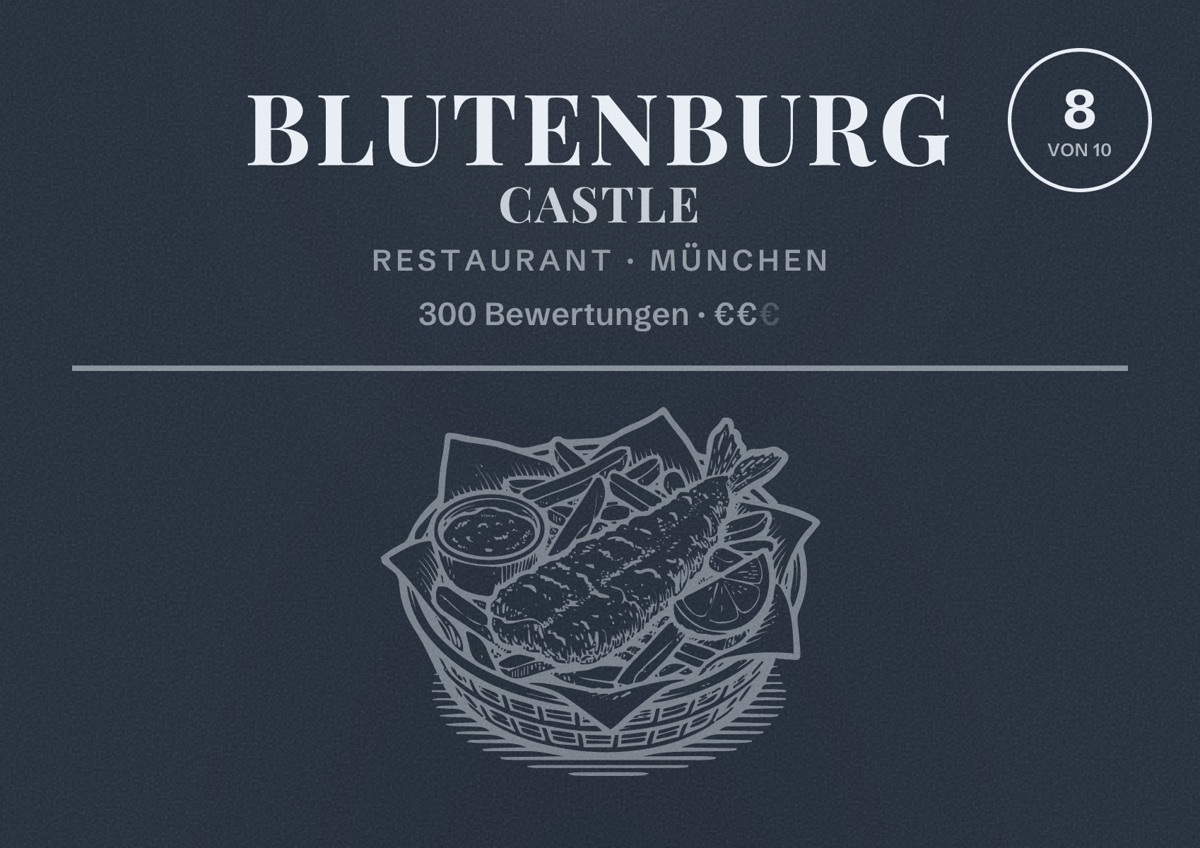 Illustriertes Poster von Blutenburg Castle, Restaurant in München: Bewertung 8 von 10 aus 300 Bewertungen, Preisniveau €€