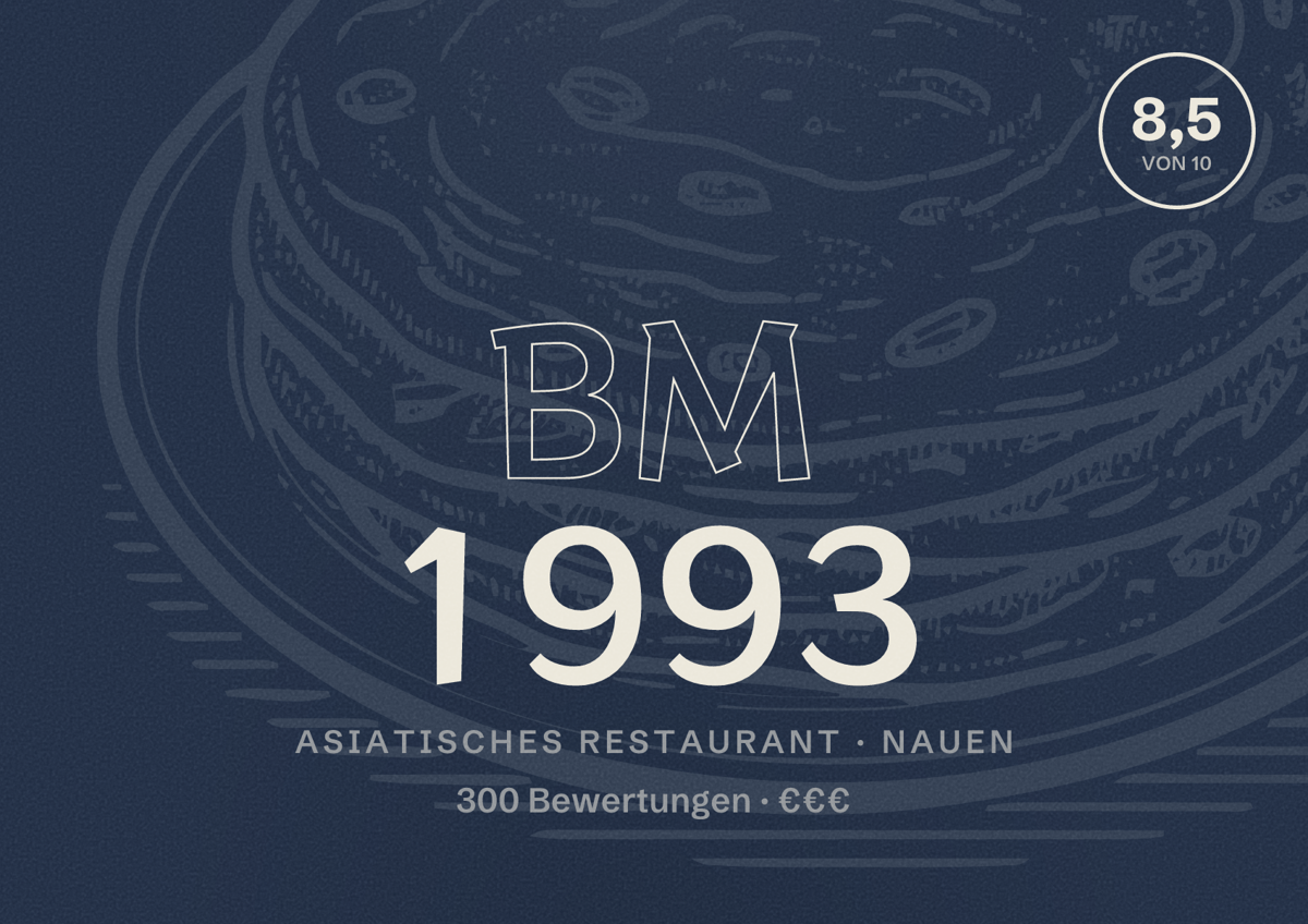 Illustriertes Poster von BM 1993, Asiatisches Restaurant in Nauen: Bewertung 8,5 von 10 aus 300 Bewertungen, Preisniveau €€€