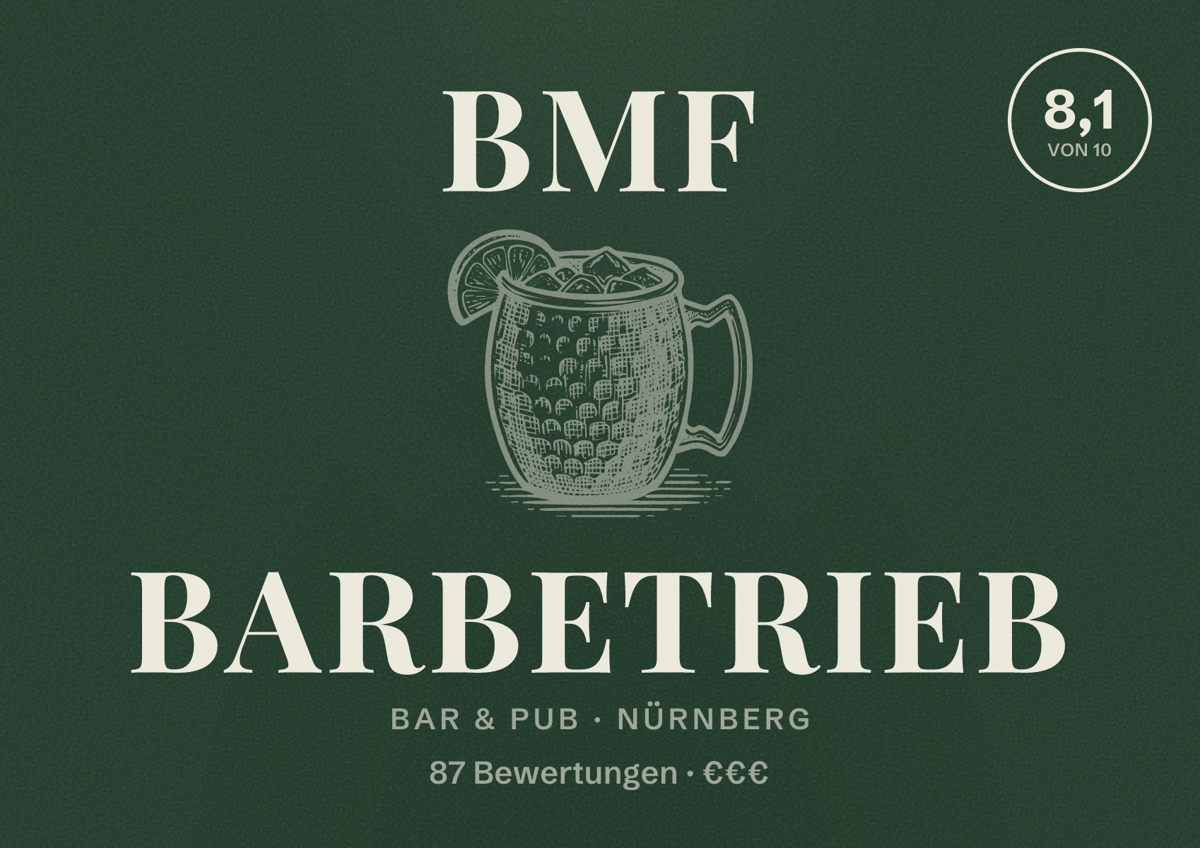 Illustriertes Poster von BMF Barbetrieb, Bar & Pub in Nürnberg: Bewertung 8,1 von 10 aus 87 Bewertungen, Preisniveau €€€