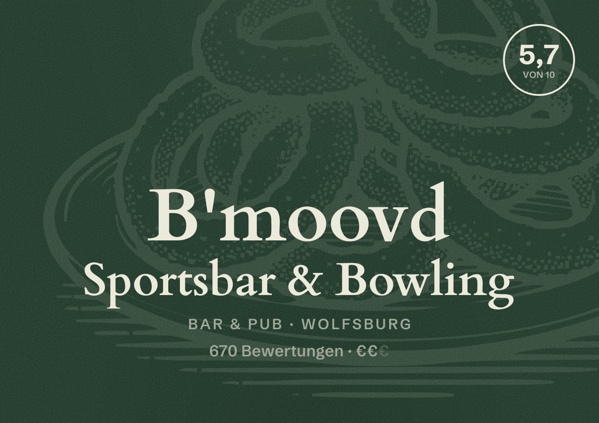 Illustriertes Poster von B'moovd Sportsbar & Bowling, Bar & Pub in Wolfsburg: Bewertung 5,7 von 10 aus 670 Bewertungen, Preisniveau €€