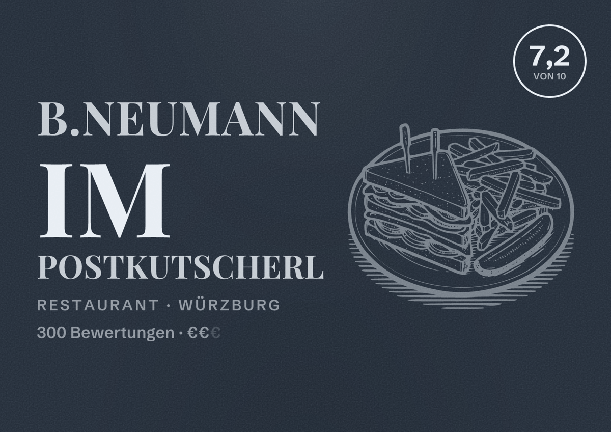 Illustriertes Poster von B.Neumann im Postkutscherl, Restaurant in Würzburg: Bewertung 7,2 von 10 aus 300 Bewertungen, Preisniveau €€