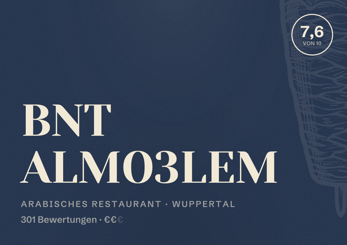 Illustriertes Poster von BNT ALMO3LEM, Arabisches Restaurant in Wuppertal: Bewertung 7,6 von 10 aus 301 Bewertungen, Preisniveau €€