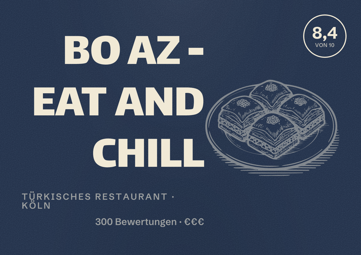 Illustriertes Poster von BO AZ - EAT AND CHILL, Türkisches Restaurant in Köln: Bewertung 8,4 von 10 aus 300 Bewertungen, Preisniveau €€€