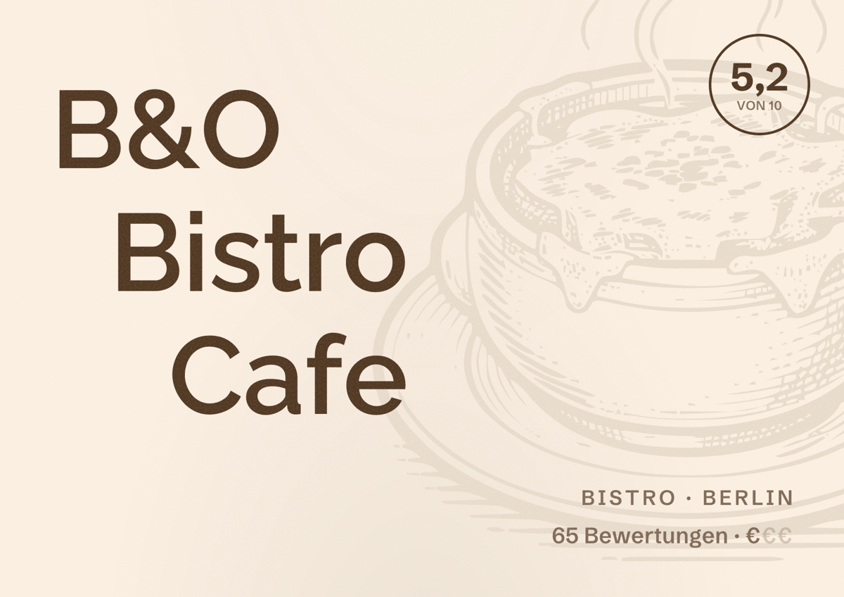 Illustriertes Poster von B&O Bistro Cafe, Bistro in Berlin: Bewertung 5,2 von 10 aus 65 Bewertungen, Preisniveau €