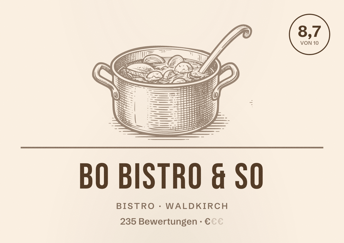 Illustriertes Poster von bo Bistro & So, Bistro in Waldkirch: Bewertung 8,7 von 10 aus 235 Bewertungen, Preisniveau €