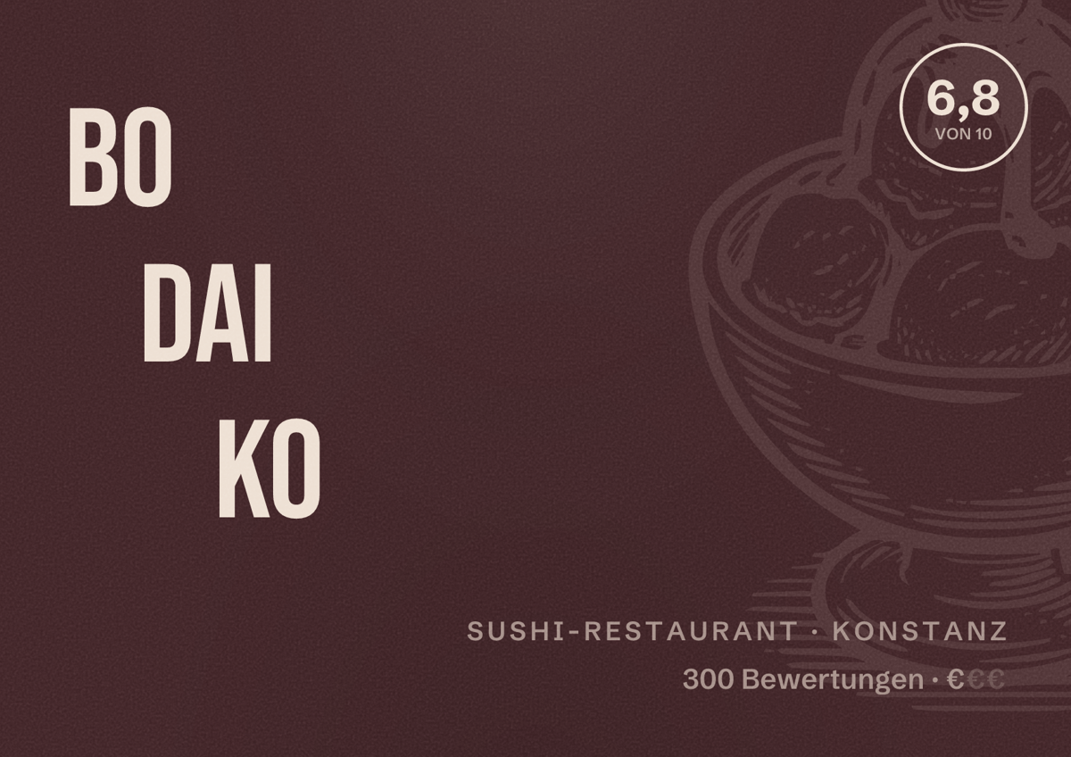 Illustriertes Poster von Bo Dai Ko, Sushi-Restaurant in Konstanz: Bewertung 6,8 von 10 aus 300 Bewertungen, Preisniveau €