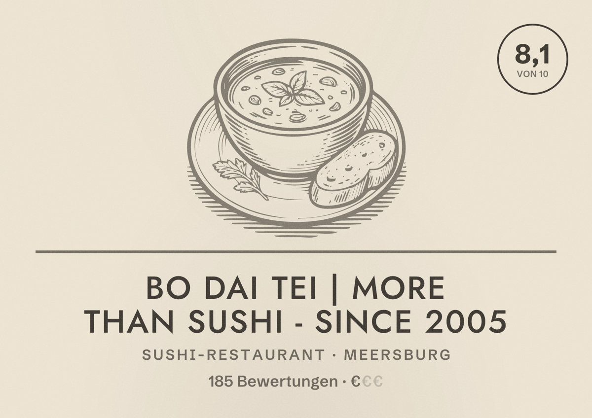 Illustriertes Poster von Bo Dai Tei | More than Sushi - since 2005, Sushi-Restaurant in Meersburg: Bewertung 8,1 von 10 aus 185 Bewertungen, Preisniveau €
