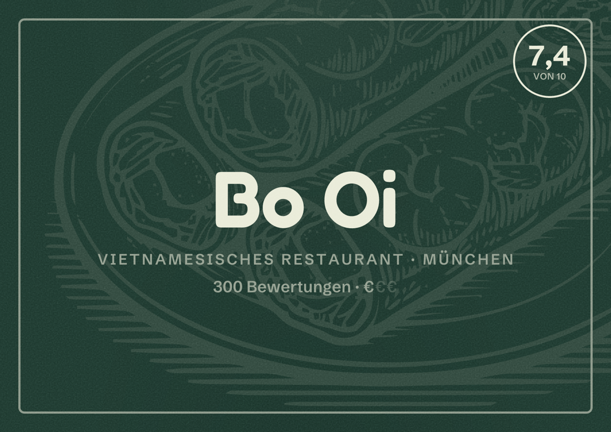 Illustriertes Poster von Bo Oi, Vietnamesisches Restaurant in München: Bewertung 7,4 von 10 aus 300 Bewertungen, Preisniveau €