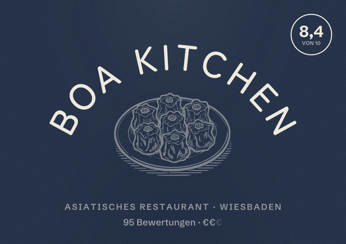 Illustriertes Poster von BOA Kitchen, Asiatisches Restaurant in Wiesbaden: Bewertung 8,4 von 10 aus 95 Bewertungen, Preisniveau €€