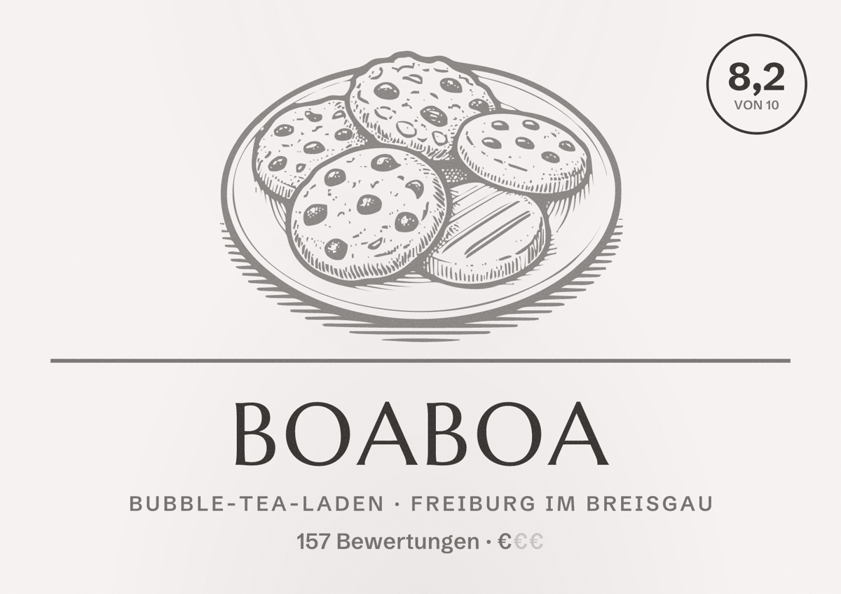 Illustriertes Poster von Boaboa, Bubble-Tea-Laden in Freiburg im Breisgau: Bewertung 8,2 von 10 aus 157 Bewertungen, Preisniveau €
