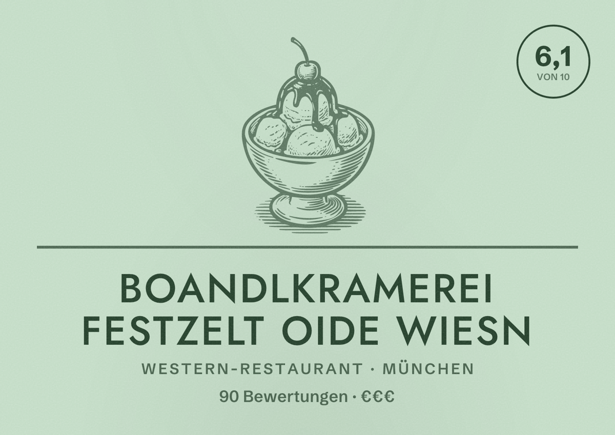 Illustriertes Poster von Boandlkramerei Festzelt Oide Wiesn, Western-Restaurant in München: Bewertung 6,1 von 10 aus 90 Bewertungen, Preisniveau €€€