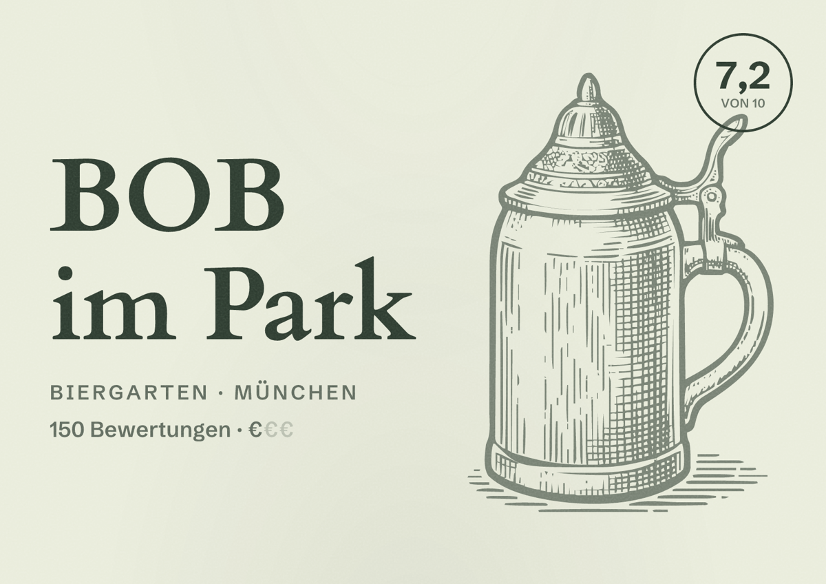 Illustriertes Poster von BOB im Park, Biergarten in München: Bewertung 7,2 von 10 aus 150 Bewertungen, Preisniveau €