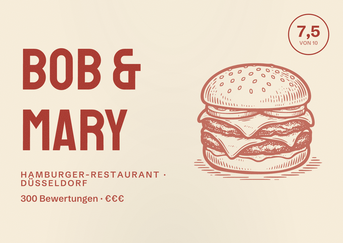 Illustriertes Poster von Bob & Mary, Hamburger-Restaurant in Düsseldorf: Bewertung 7,5 von 10 aus 300 Bewertungen, Preisniveau €€€