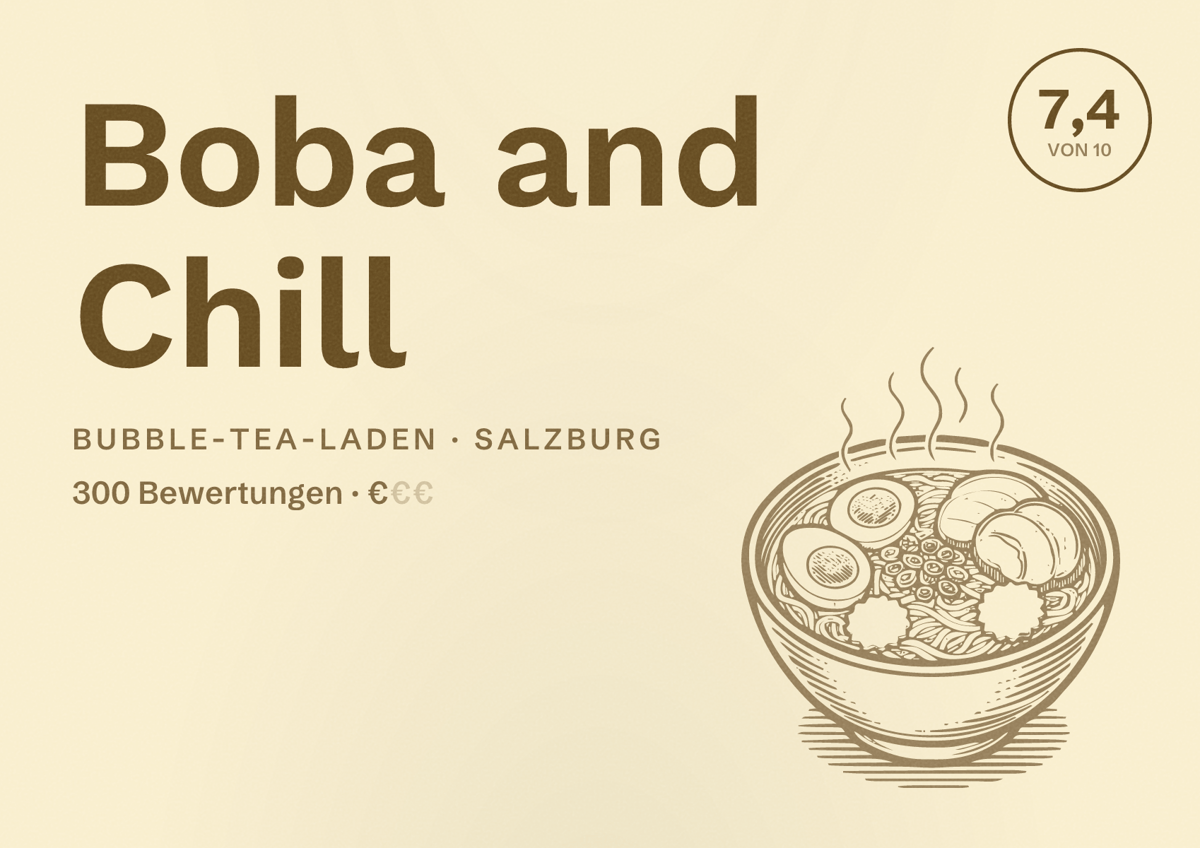 Illustriertes Poster von Boba and Chill, Bubble-Tea-Laden in Salzburg: Bewertung 7,4 von 10 aus 300 Bewertungen, Preisniveau €