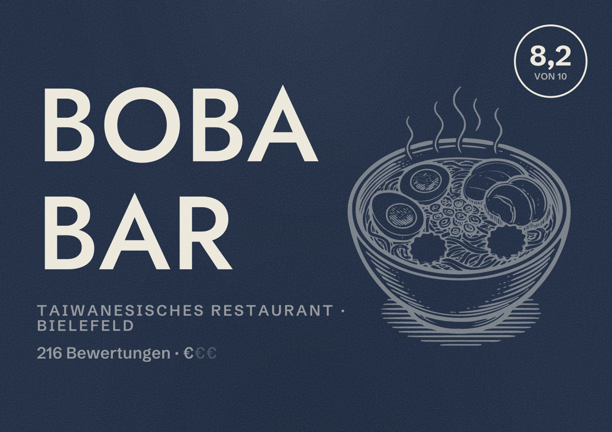 Illustriertes Poster von Boba Bar, Taiwanesisches Restaurant in Bielefeld: Bewertung 8,2 von 10 aus 216 Bewertungen, Preisniveau €