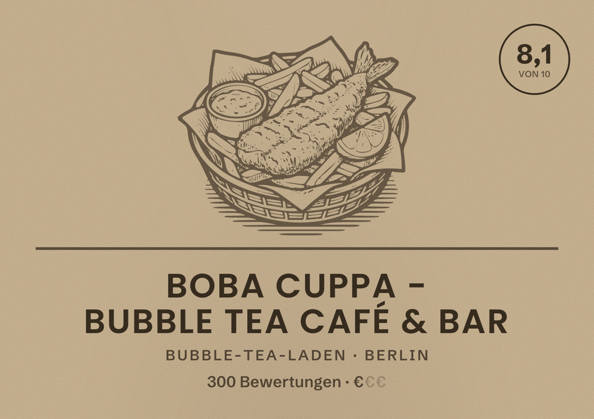 Illustriertes Poster von BOBA CUPPA - Bubble Tea Café & Bar, Bubble-Tea-Laden in Berlin: Bewertung 8,1 von 10 aus 300 Bewertungen, Preisniveau €