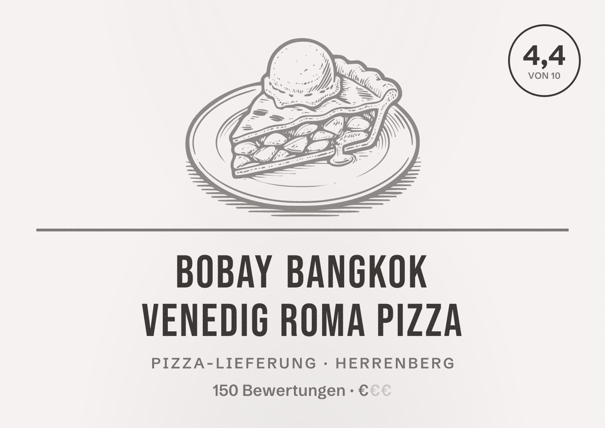 Illustriertes Poster von Bobay Bangkok Venedig Roma Pizza, Pizza-Lieferung in Herrenberg: Bewertung 4,4 von 10 aus 150 Bewertungen, Preisniveau €