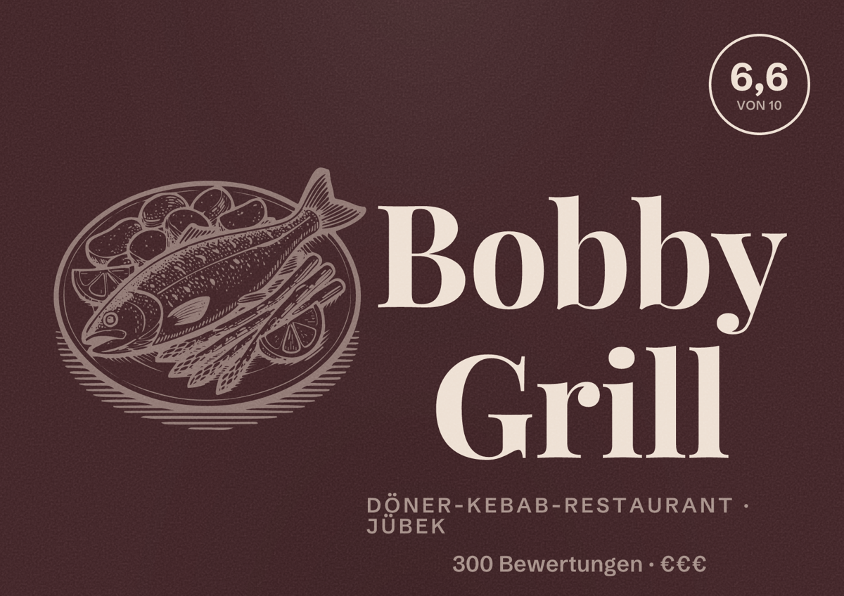 Illustriertes Poster von Bobby Grill, Döner-Kebab-Restaurant in Jübek: Bewertung 6,6 von 10 aus 300 Bewertungen, Preisniveau €€€