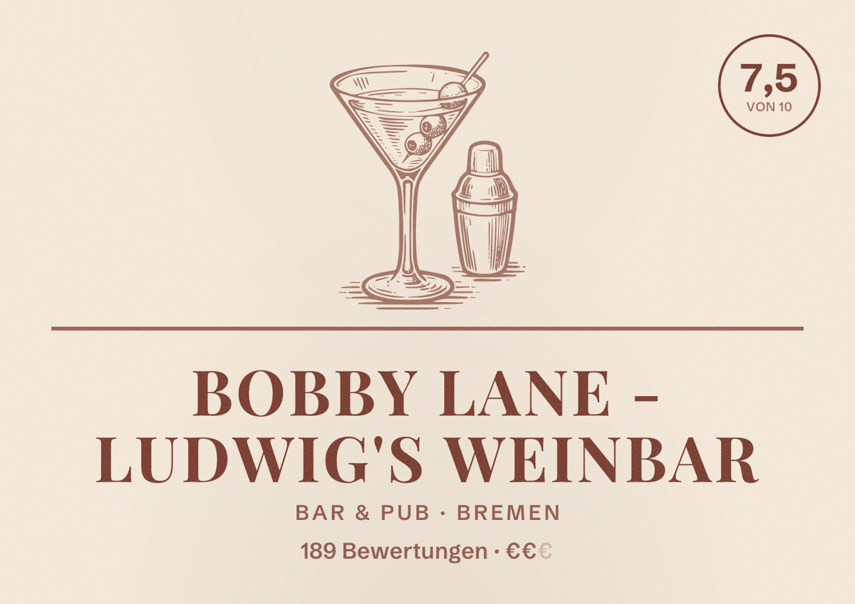 Illustriertes Poster von Bobby Lane - Ludwig's Weinbar, Bar & Pub in Bremen: Bewertung 7,5 von 10 aus 189 Bewertungen, Preisniveau €€