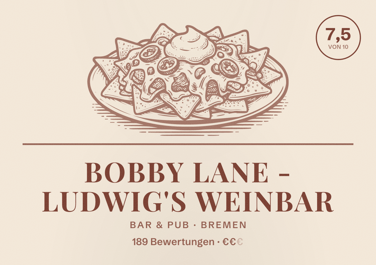 Illustriertes Poster von Bobby Lane - Ludwig's Weinbar, Bar & Pub in Bremen: Bewertung 7,5 von 10 aus 189 Bewertungen, Preisniveau €€