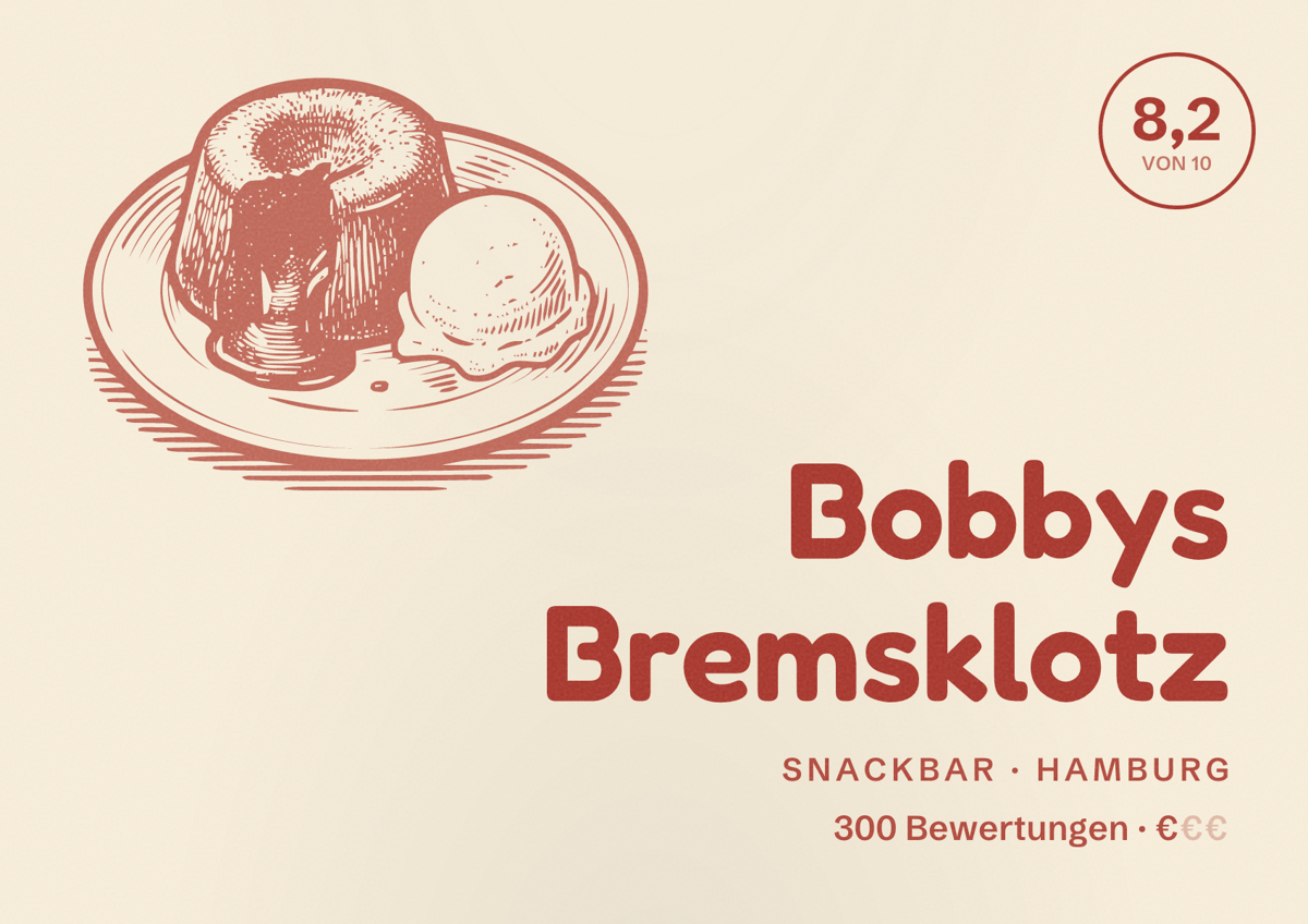 Illustriertes Poster von Bobbys Bremsklotz, Snackbar in Hamburg: Bewertung 8,2 von 10 aus 300 Bewertungen, Preisniveau €