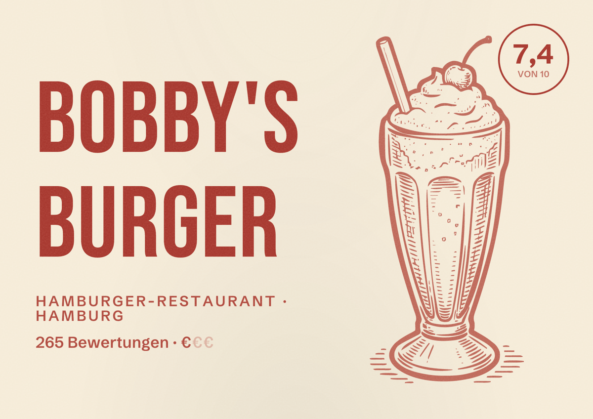 Illustriertes Poster von Bobby's Burger, Hamburger-Restaurant in Hamburg: Bewertung 7,4 von 10 aus 265 Bewertungen, Preisniveau €