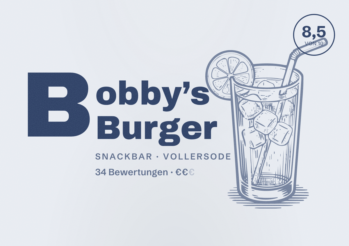Illustriertes Poster von Bobby’s Burger, Snackbar in Vollersode: Bewertung 8,5 von 10 aus 34 Bewertungen, Preisniveau €€