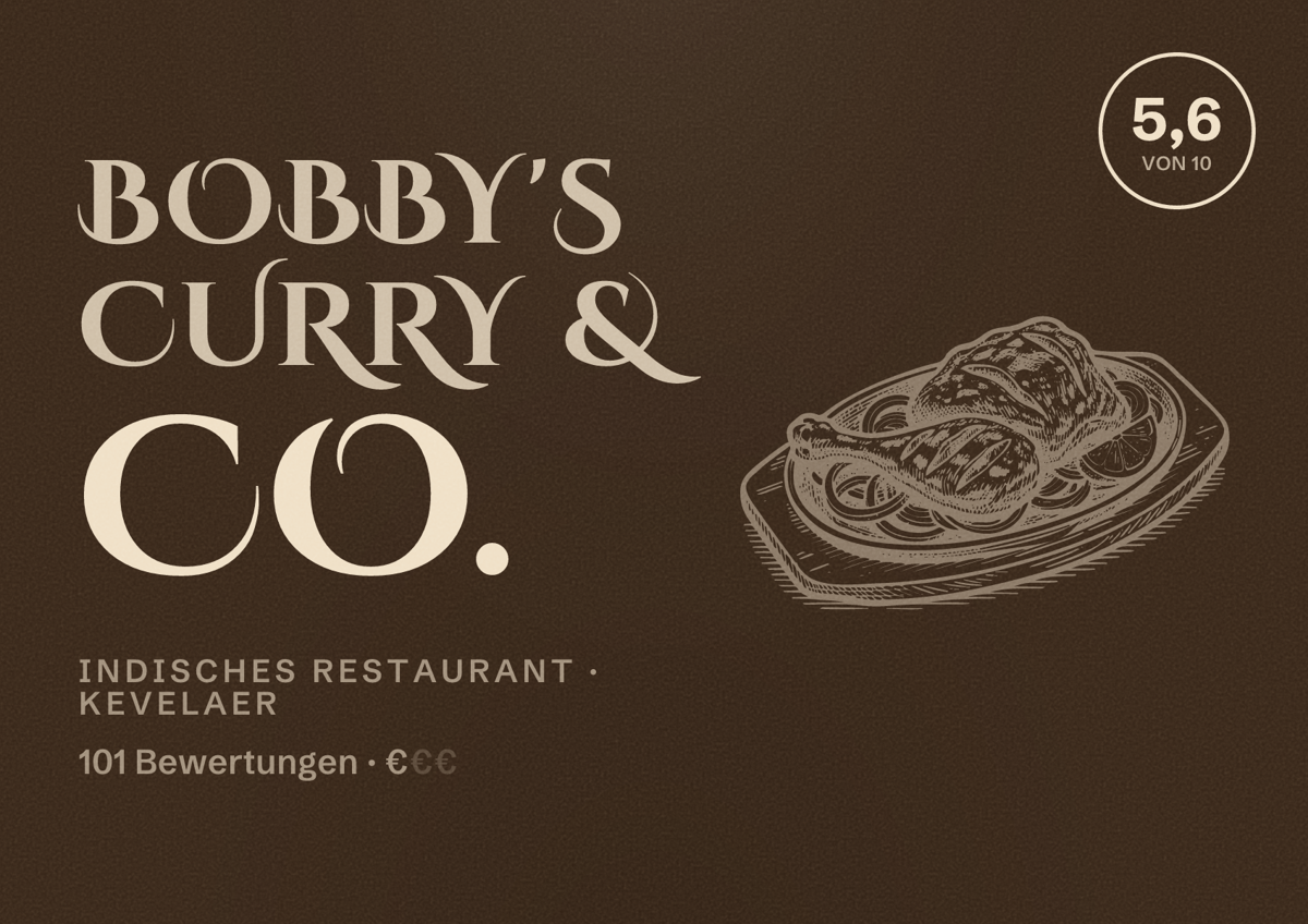 Illustriertes Poster von Bobby's Curry & Co., Indisches Restaurant in Kevelaer: Bewertung 5,6 von 10 aus 101 Bewertungen, Preisniveau €