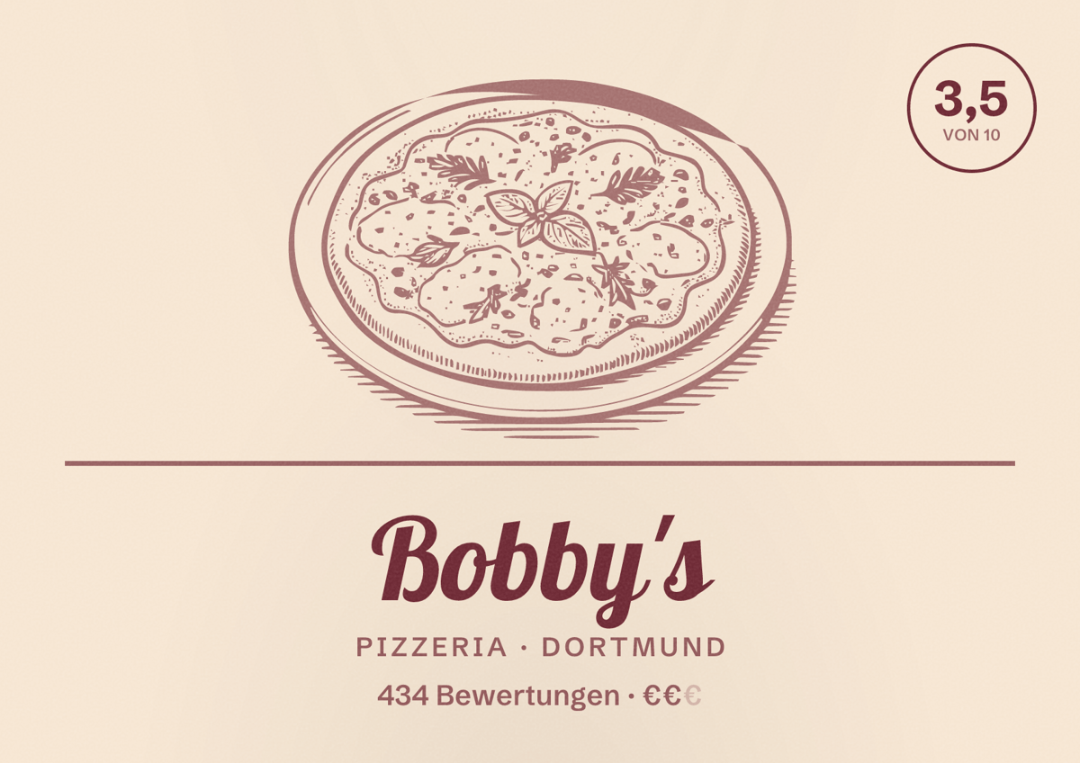 Illustriertes Poster von Bobby's, Pizzeria in Dortmund: Gästebewertung 3,5 von 10 aus 434 Bewertungen