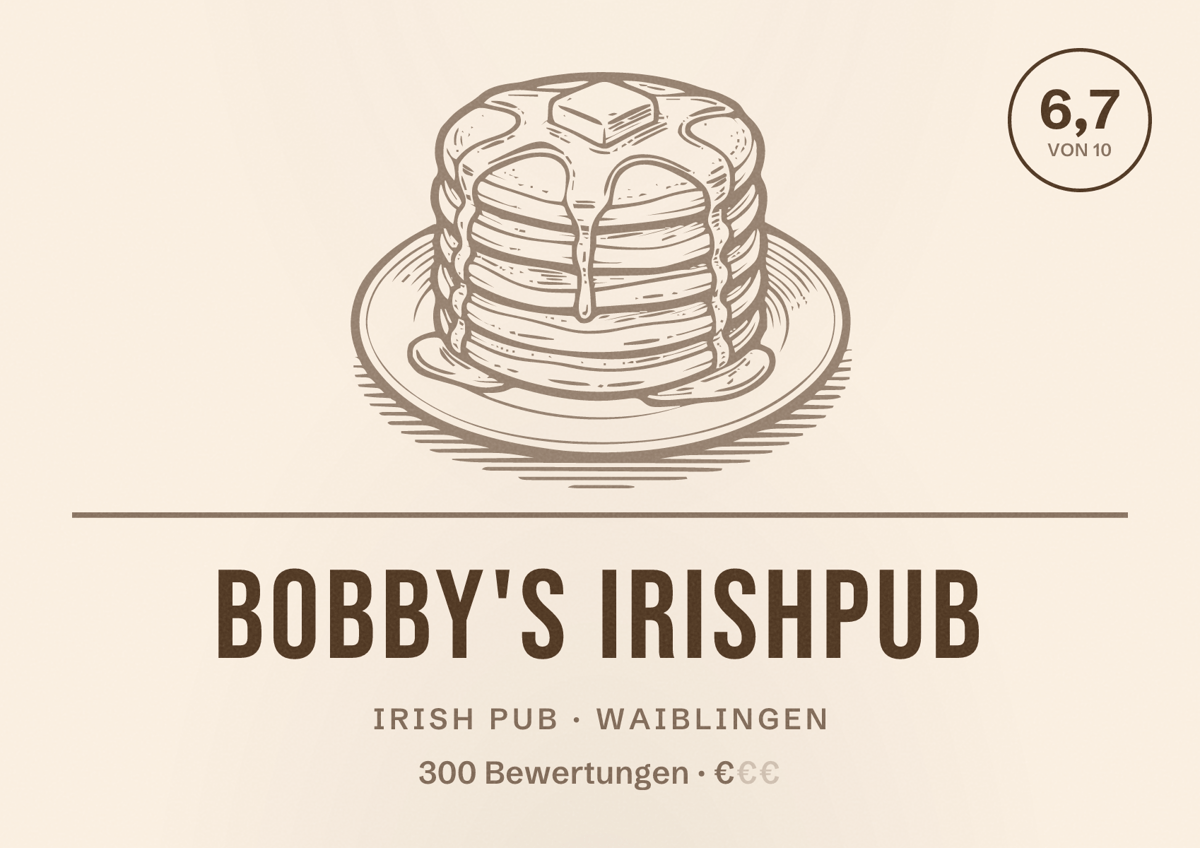 Illustriertes Poster von Bobby's Irishpub, Irish Pub in Waiblingen: Bewertung 6,7 von 10 aus 300 Bewertungen, Preisniveau €
