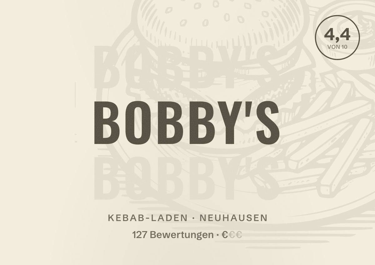 Illustriertes Poster von Bobby's, Kebab-Laden in Neuhausen: Bewertung 4,4 von 10 aus 127 Bewertungen, Preisniveau €