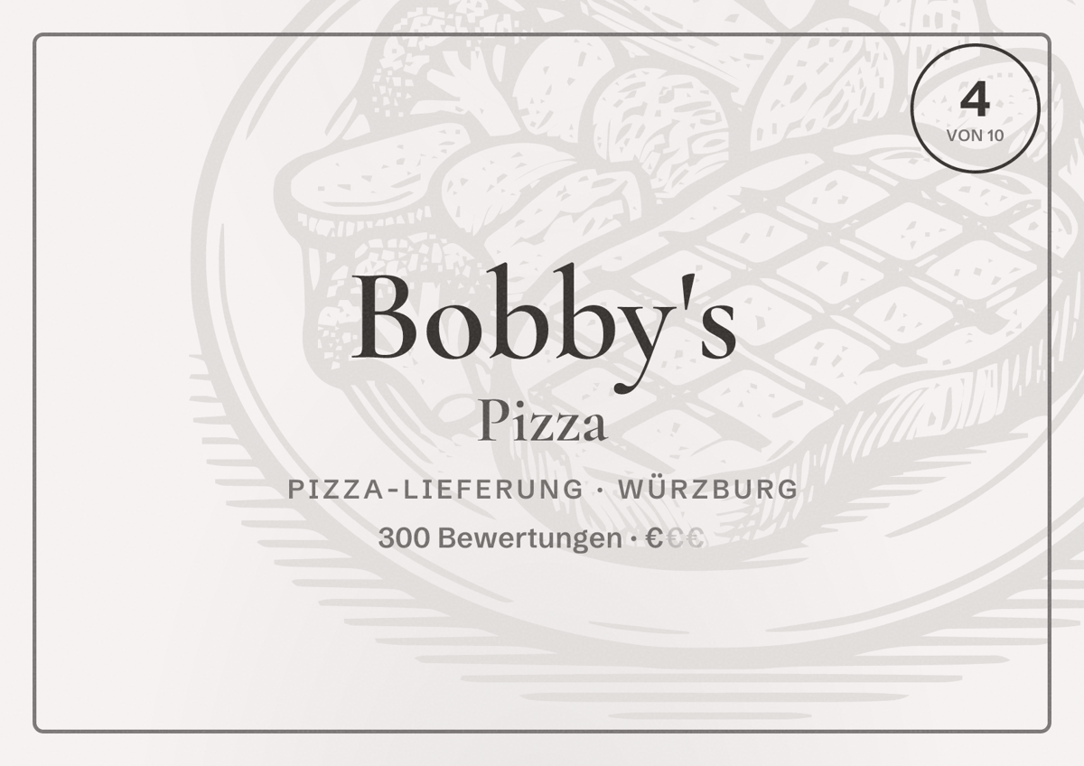 Illustriertes Poster von Bobby's Pizza, Pizza-Lieferung in Würzburg: Bewertung 4 von 10 aus 300 Bewertungen, Preisniveau €