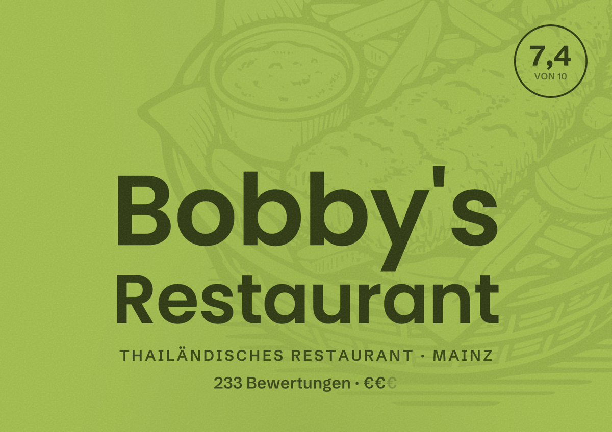 Illustriertes Poster von Bobby's Restaurant, Thailändisches Restaurant in Mainz: Bewertung 7,4 von 10 aus 233 Bewertungen, Preisniveau €€