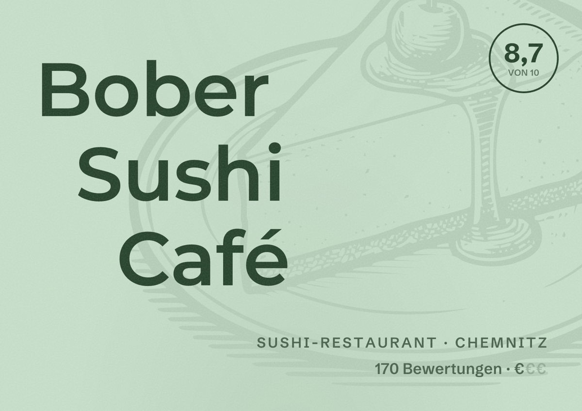 Illustriertes Poster von Bober Sushi Café, Sushi-Restaurant in Chemnitz: Bewertung 8,7 von 10 aus 170 Bewertungen, Preisniveau €