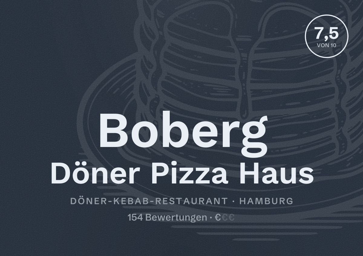 Illustriertes Poster von Boberg Döner Pizza Haus, Döner-Kebab-Restaurant in Hamburg: Bewertung 7,5 von 10 aus 154 Bewertungen, Preisniveau €