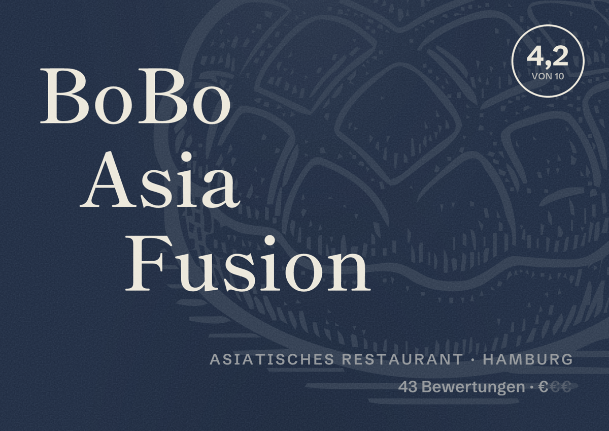 Illustriertes Poster von BoBo Asia Fusion, Asiatisches Restaurant in Hamburg: Bewertung 4,2 von 10 aus 43 Bewertungen, Preisniveau €