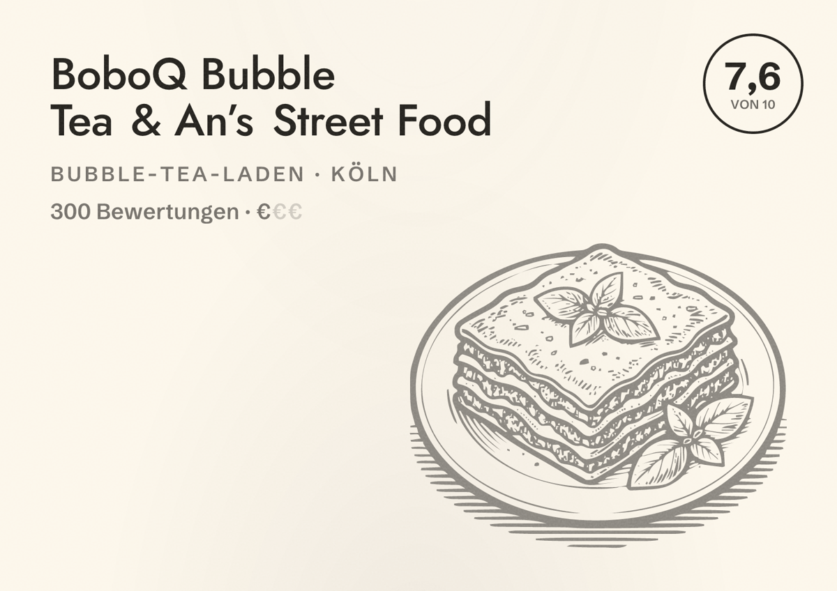 Illustriertes Poster von BoboQ Bubble Tea & An’s Street Food, Bubble-Tea-Laden in Köln: Bewertung 7,6 von 10 aus 300 Bewertungen, Preisniveau €