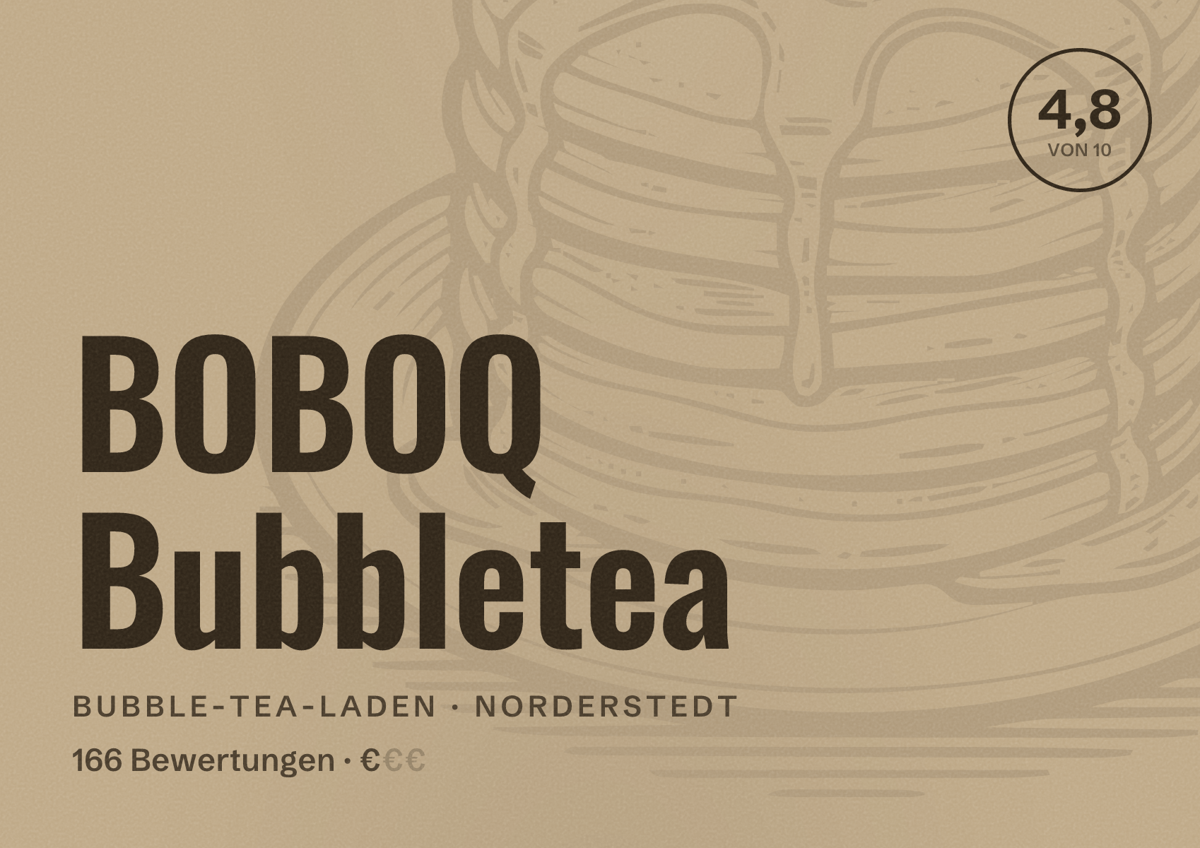 Illustriertes Poster von BOBOQ Bubbletea, Bubble-Tea-Laden in Norderstedt: Bewertung 4,8 von 10 aus 166 Bewertungen, Preisniveau €
